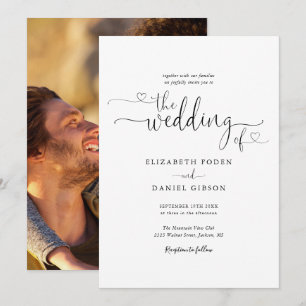 Modern Black And White Hearts Script Photo Wedding Invitation