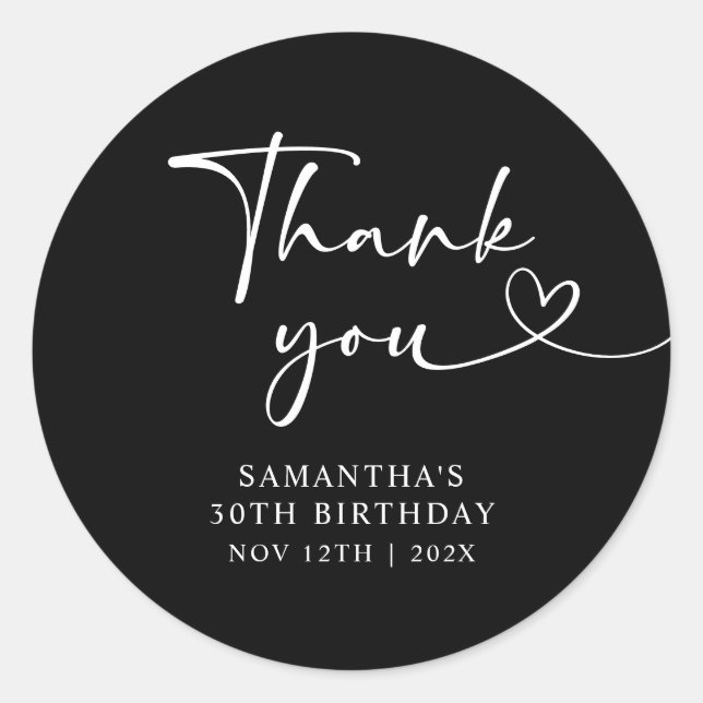 Modern Black and White Hello 30th Birthday Classic Round Sticker (Front)