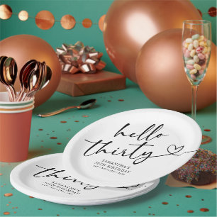 Modern Black and White Hello 30th Birthday Paper Plate