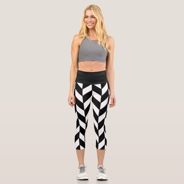 Modern Black and White Herringbone Chevron Pattern Capri Leggings (Front)