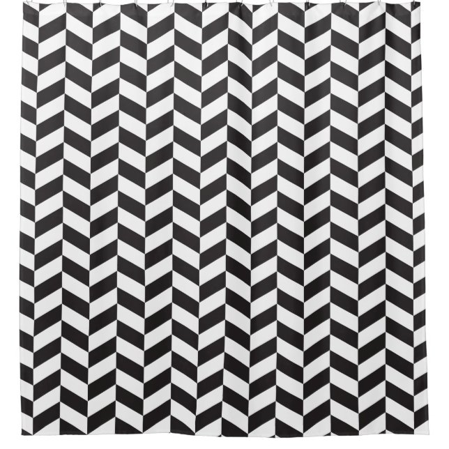 Modern Black and White Herringbone Pattern Shower Curtain (Front)