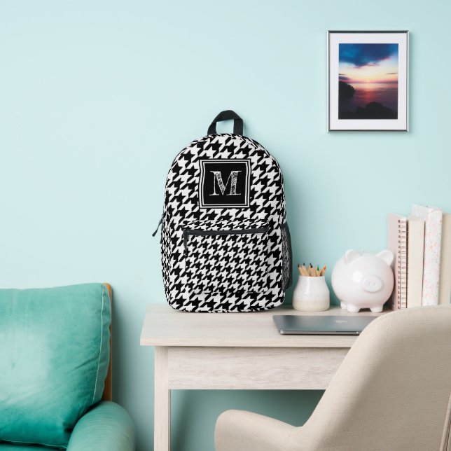 Modern Black and White Houndstooth Monogrammed Printed Backpack (Insitu)