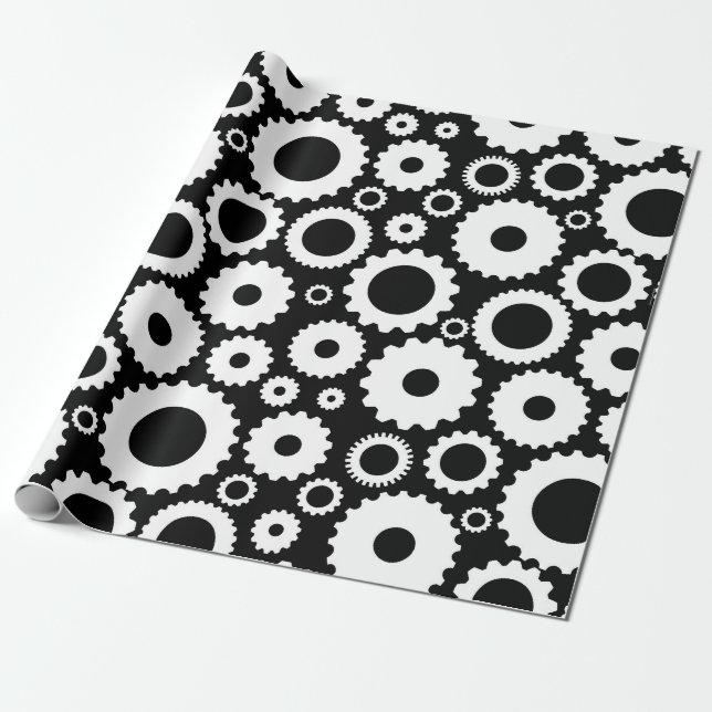 Modern Black and White Illustration Gear Pattern  Wrapping Paper (Unrolled)