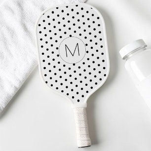 Modern Black and White Initial Monogram Polka Dot Pickleball Paddle