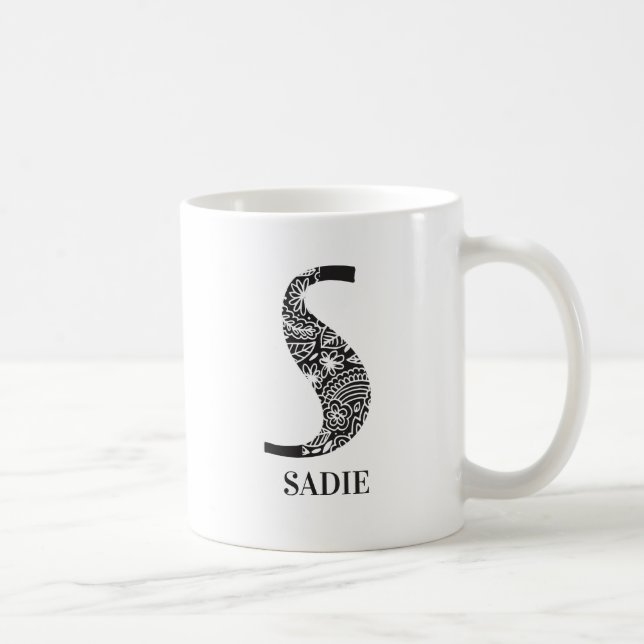 Modern Black and White Initial S and Name Coffee Mug (Right)