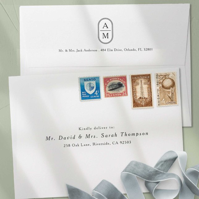 Modern black and white initials wedding envelope (Creator Uploaded)