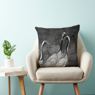Modern Black and White Japanese Cranes  Cushion