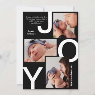 Modern Black and White Joy Photo Collage Christmas Holiday Card