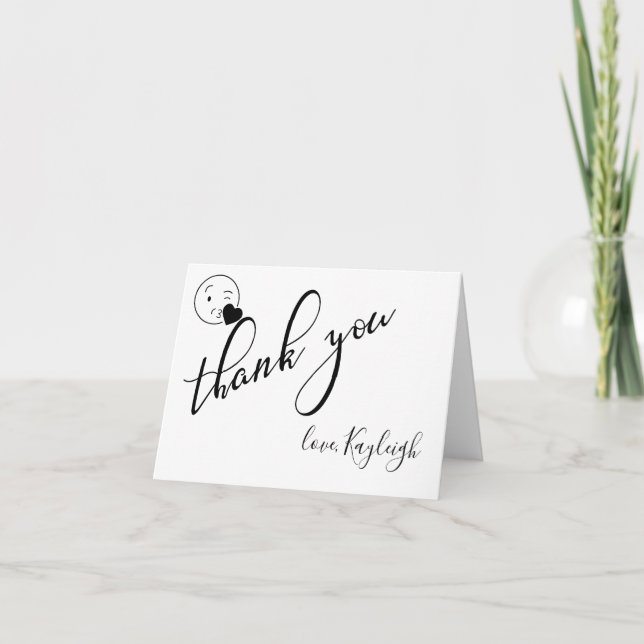 Modern Black and White Kissy Emoji Thank You Card (Front)