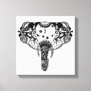 Modern black and white line tangle elephant canvas print
