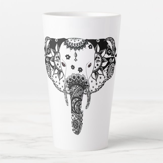 Modern black and white line tangle elephant latte mug (Front)