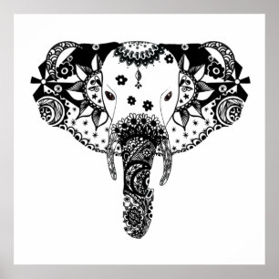 Modern black and white line tangle elephant poster