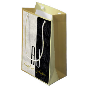 Modern Black and White Marble , Gold Monogram Small Gift Bag