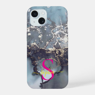modern black and white marble monogram iPhone 15 case