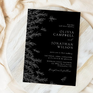 Modern Black And White Minimal Leaves Wedding Invitation