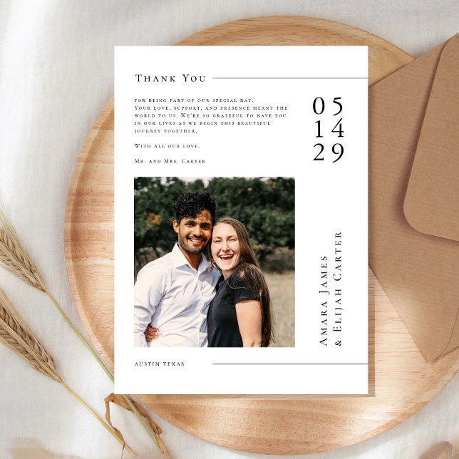Modern Black and White Minimal Wedding Photo  Thank You Card (Creator Uploaded)