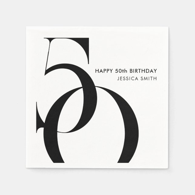 Modern Black and White Minimalist 50th Birthday Napkin (Front)