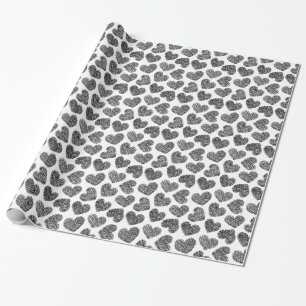 Modern Black and White Minimalist Doodled Hearts Wrapping Paper
