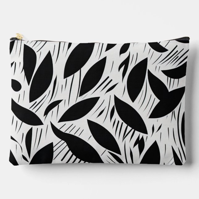 Modern Black and White Minimalist Leaf Pattern Accessory Pouch (Front)