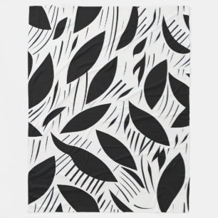 Modern Black and White Minimalist Leaf Pattern Fleece Blanket