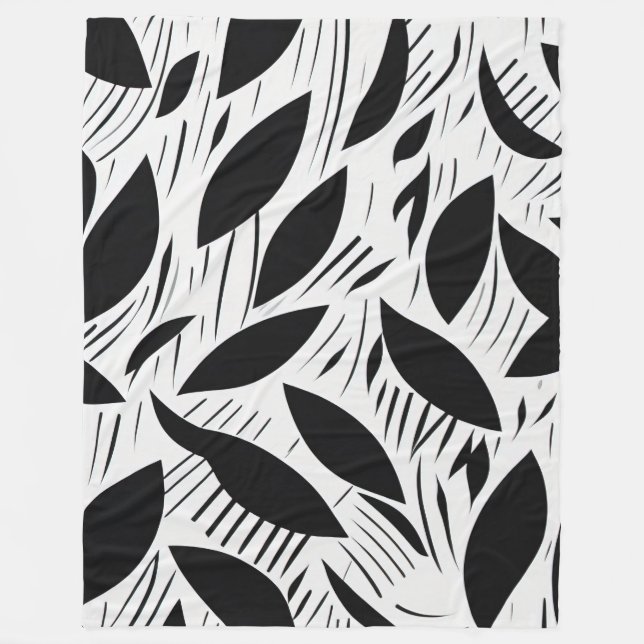 Modern Black and White Minimalist Leaf Pattern Fleece Blanket (Front)