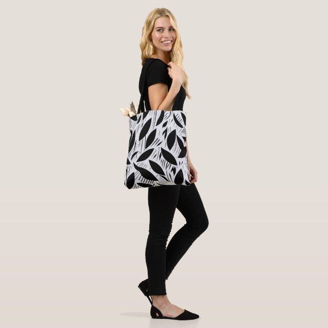 Modern Black and White Minimalist Leaf Pattern Tote Bag (On Model)