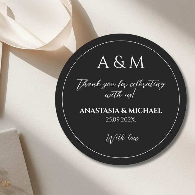 Modern black and white minimalist wedding classic round sticker (Creator Uploaded)