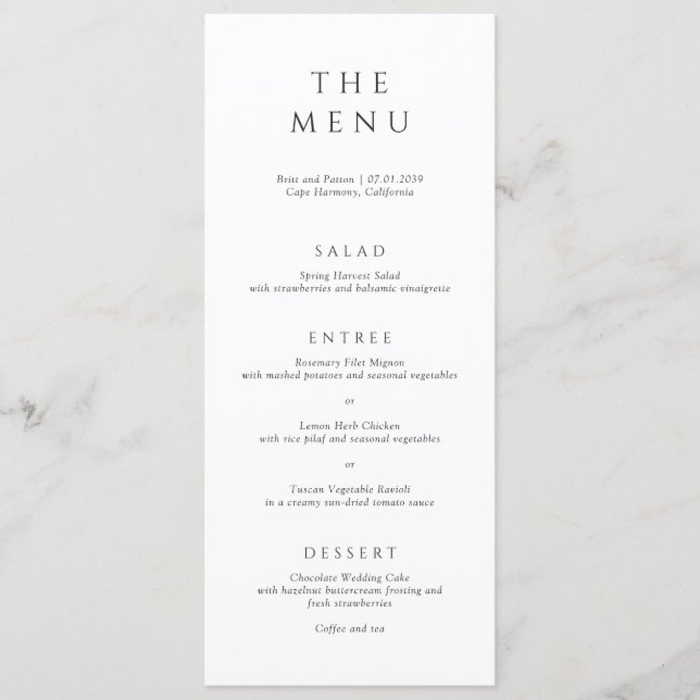 Modern Black and White Minimalist Wedding Menu (Front)