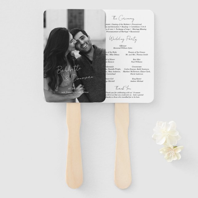 Modern Black and White Minimalist Wedding Program Hand Fan (Front and Back)