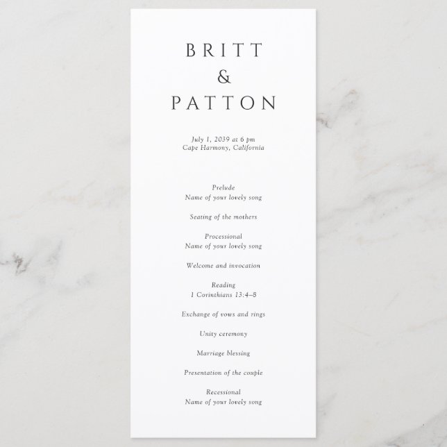 Modern Black and White Minimalist Wedding Programme (Front)