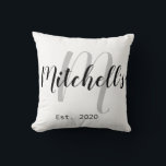 Modern Black and White Monogram Cushion<br><div class="desc">A modern customisable family name monogram pillow perfect for newlyweds.</div>
