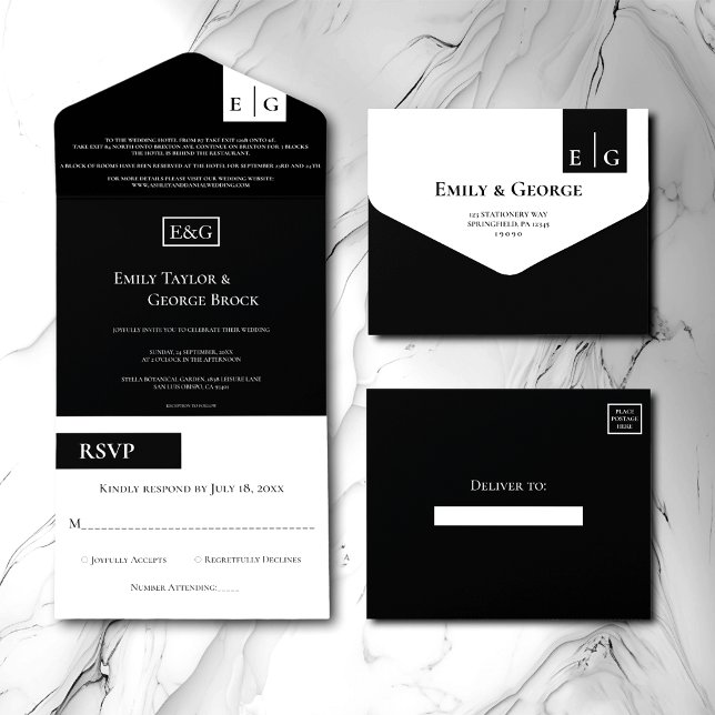 Modern Black And White Monogram Elegant Wedding All In One Invitation (Creator Uploaded)