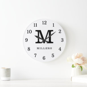 Modern Black And White Monogram Family Name Large Clock