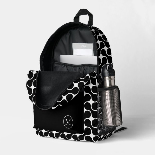 Modern Black and White Monogram Geometric Printed Backpack (Back Corner Right (Open))