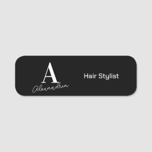Modern Black and White Monogram Hair Stylist Name Tag