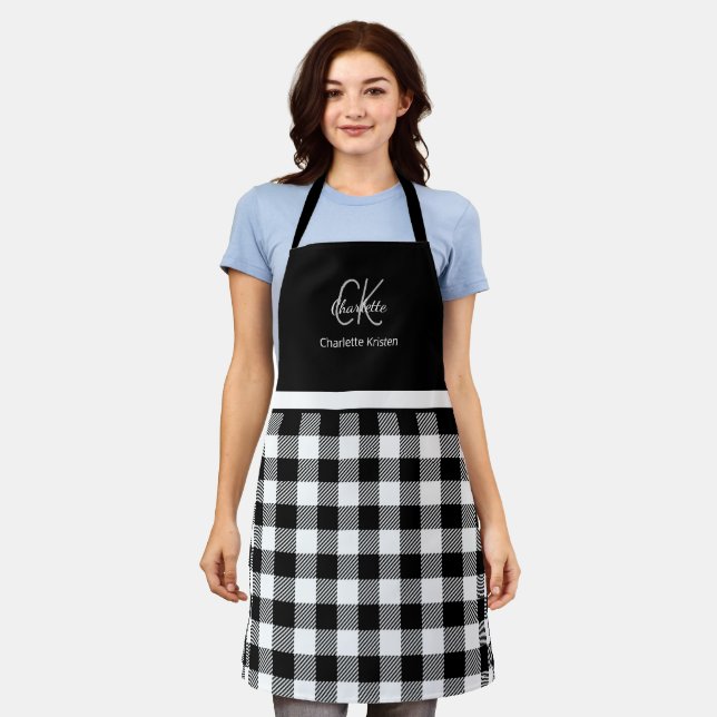 Modern Black and White Monogram Plaid  Apron (Worn)