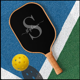 Modern Black and White Monogrammed Initial + Name Pickleball Paddle