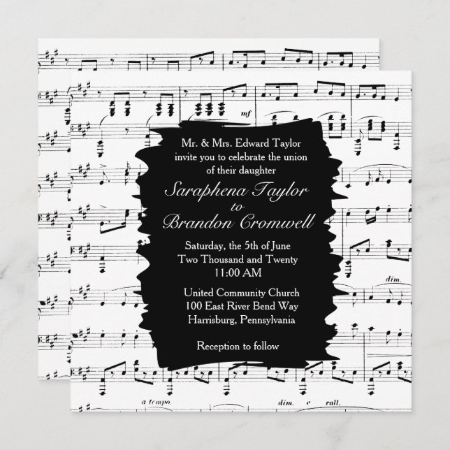 Modern Black and White Music Wedding Invitation (Front/Back)