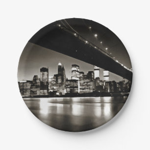 Modern Black and White New York at Night Paper Plate