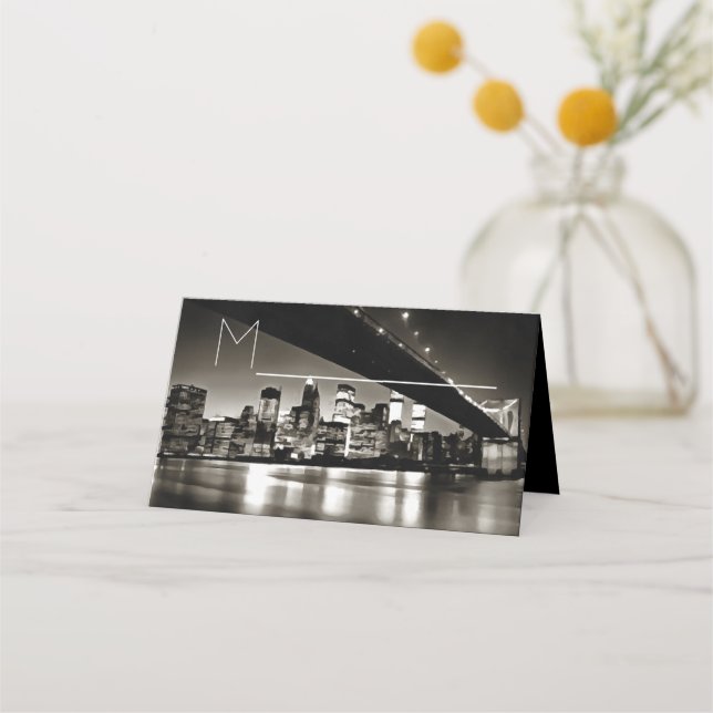 Modern Black and White New York at Night Place Card (Front)