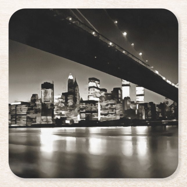 Modern Black and White New York at Night Square Paper Coaster (Front)