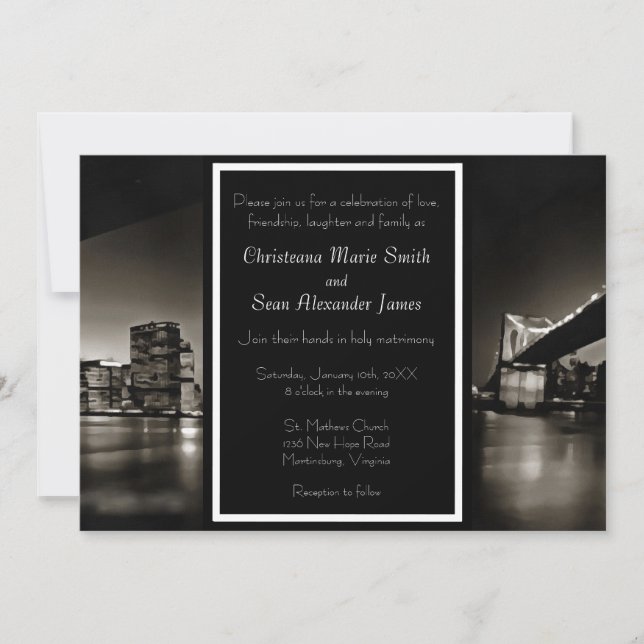 Modern Black and White New York at Night Wedding  Invitation (Front)