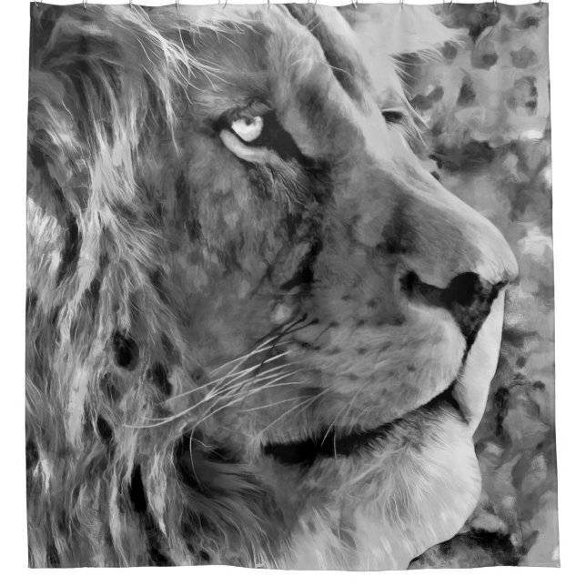 Modern black and white oil painting of king lion,  shower curtain (Front)
