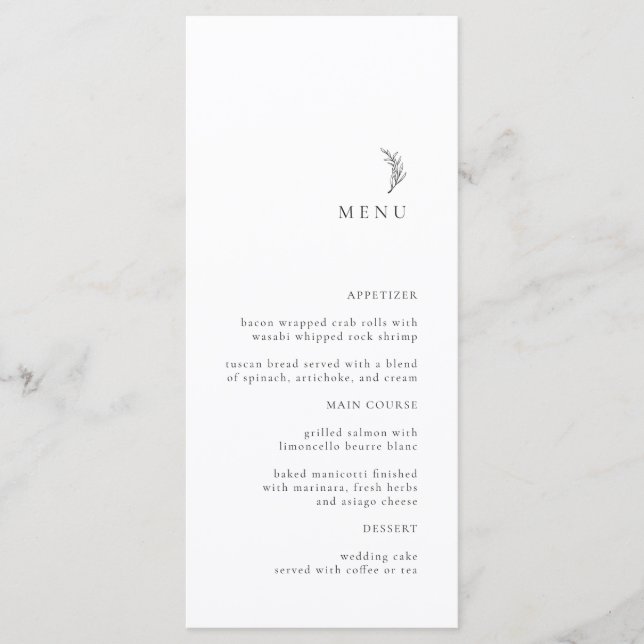 Modern Black and White Olive Branch Wedding Menu (Front)