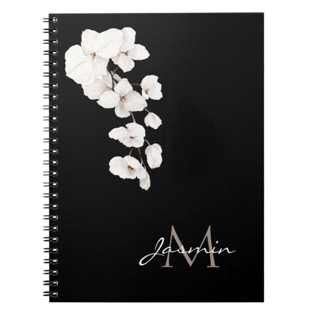 Modern Black and White Orchid Floral Monogram Notebook (Front)