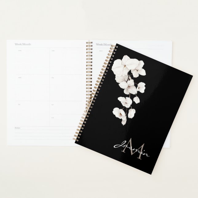 Modern Black and White Orchid Floral Monogram Planner (Display)