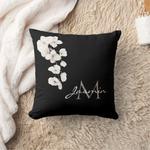Modern Black and White Orchid Monogram Cushion