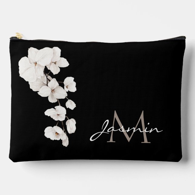 Modern Black and White Orchids Floral Monogram Accessory Pouch (Front)