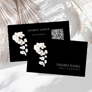 Modern Black and White Orchids QR Code Floral Business Card