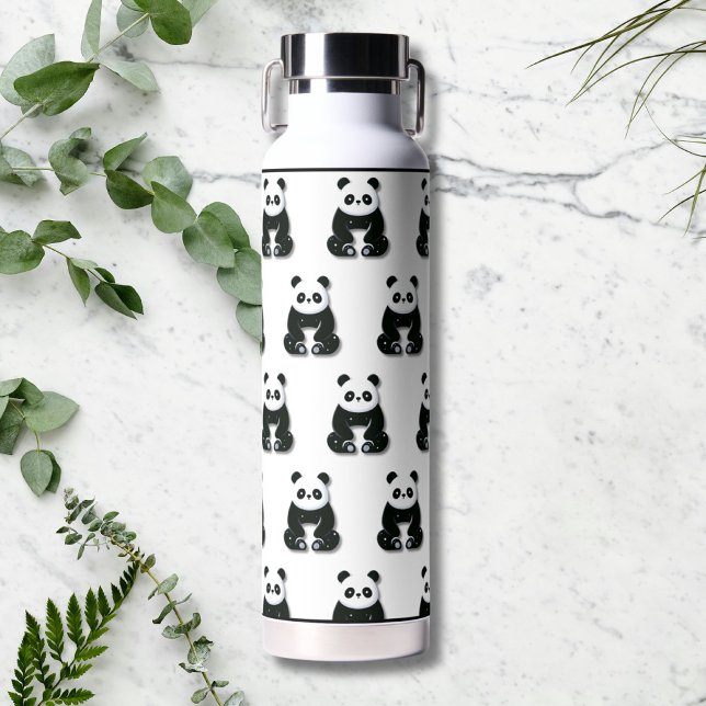 Modern Black and White Panda Bear Pattern Water Bottle (Creator Uploaded)